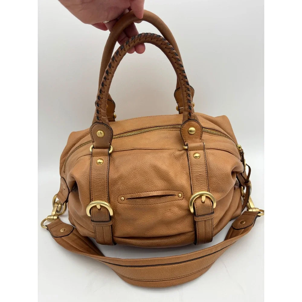 B MAKOWSKY Tan Leather Handbag Satchel Bag Double Handle Boho‎ Slouch Gold Camel